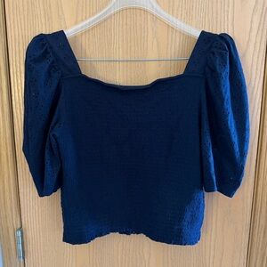 LOFT Gently Used Navy Blue Smocked Ruffle Cut Out Puff Sleeve Crop Top Blouse M
